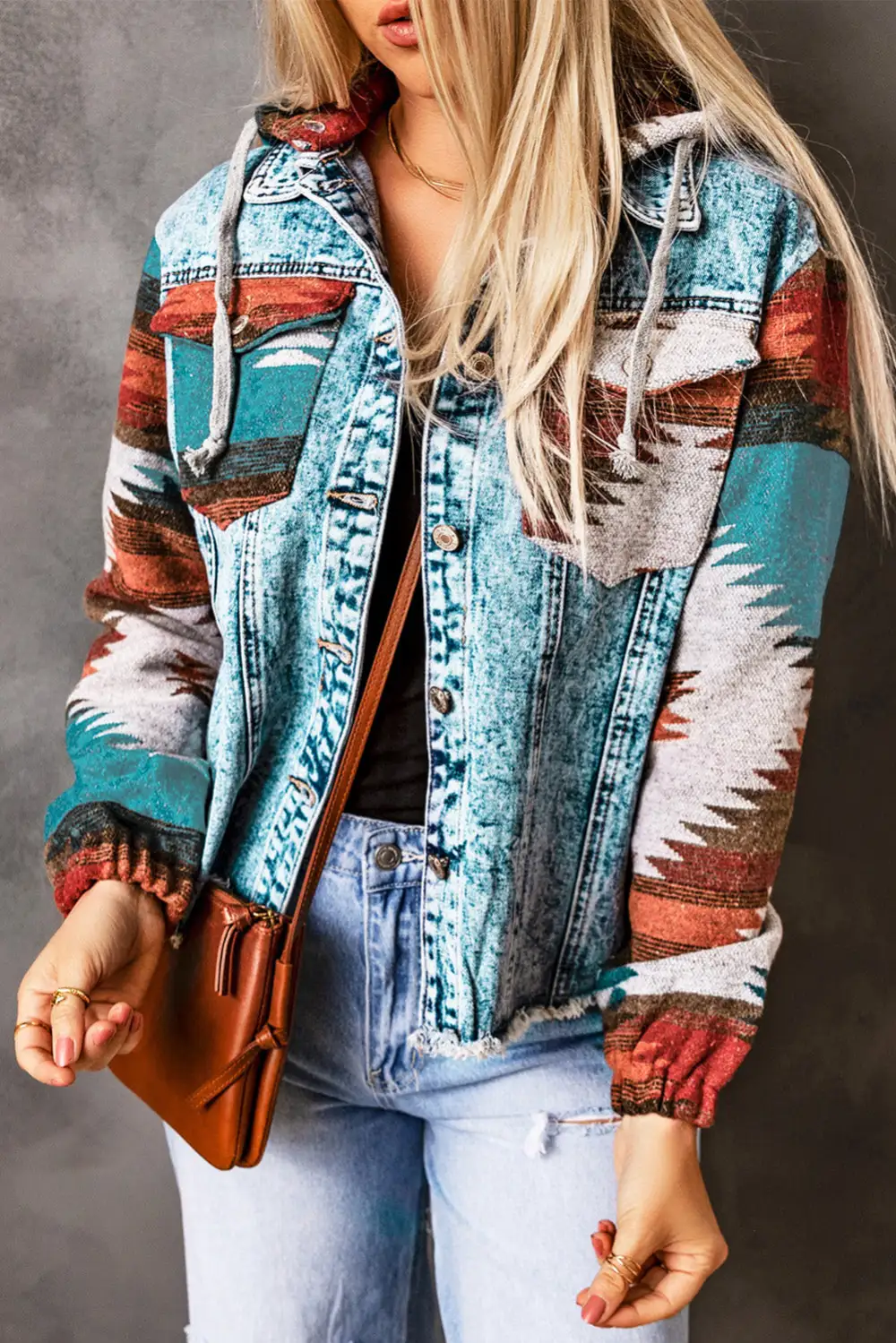 Women's Aztec Print Frayed Hem Denim Jacket