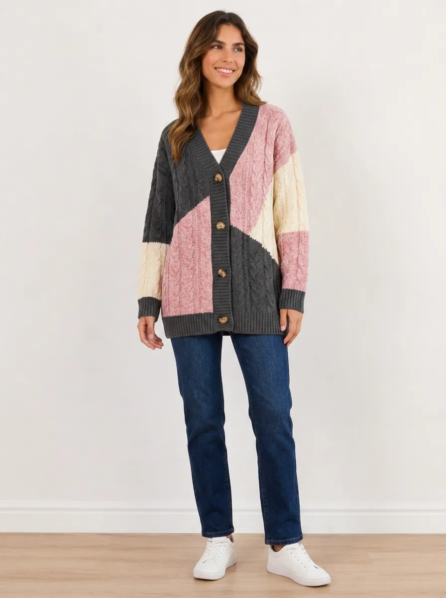 Women's Multi-Color Colorblock Cable Knit Cardigan Ribbed-Knit