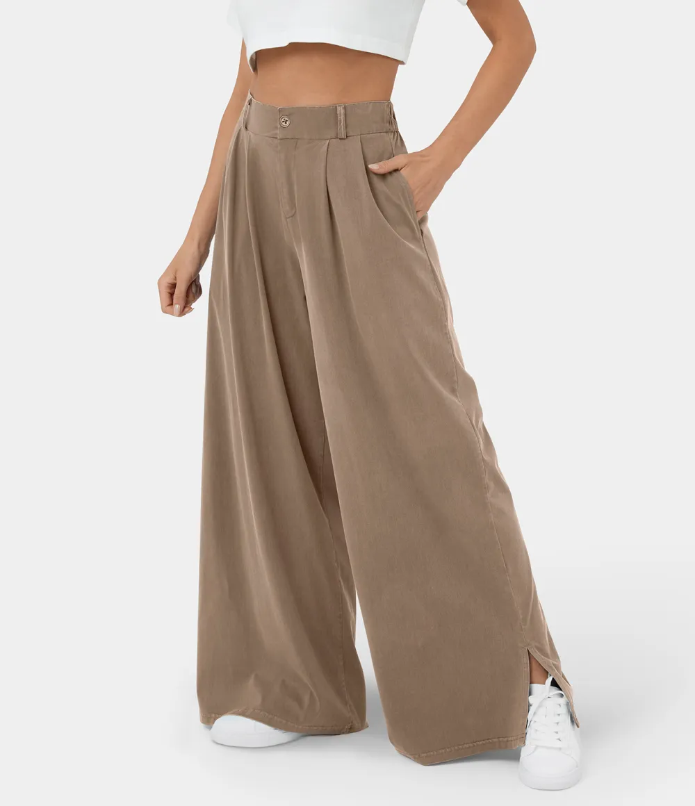 High Waisted Button Zipper Plicated Side Pocket Split Hem Wide Leg Casual Pants