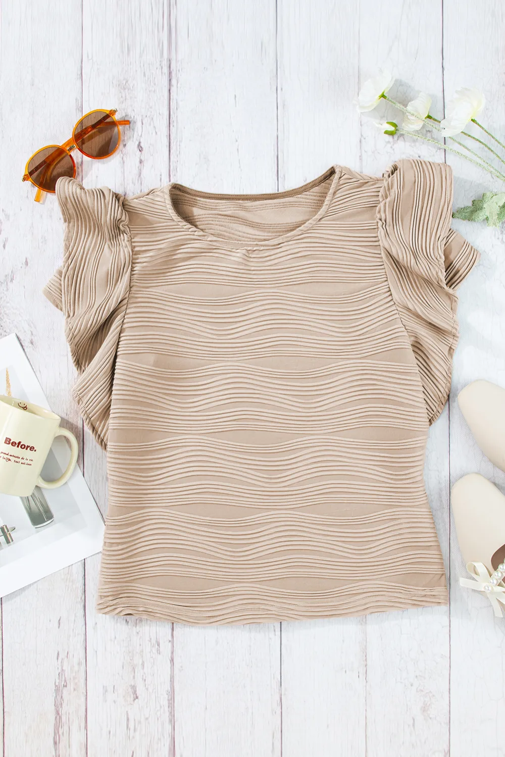 Wavy Textured Ruffle Sleeve Top