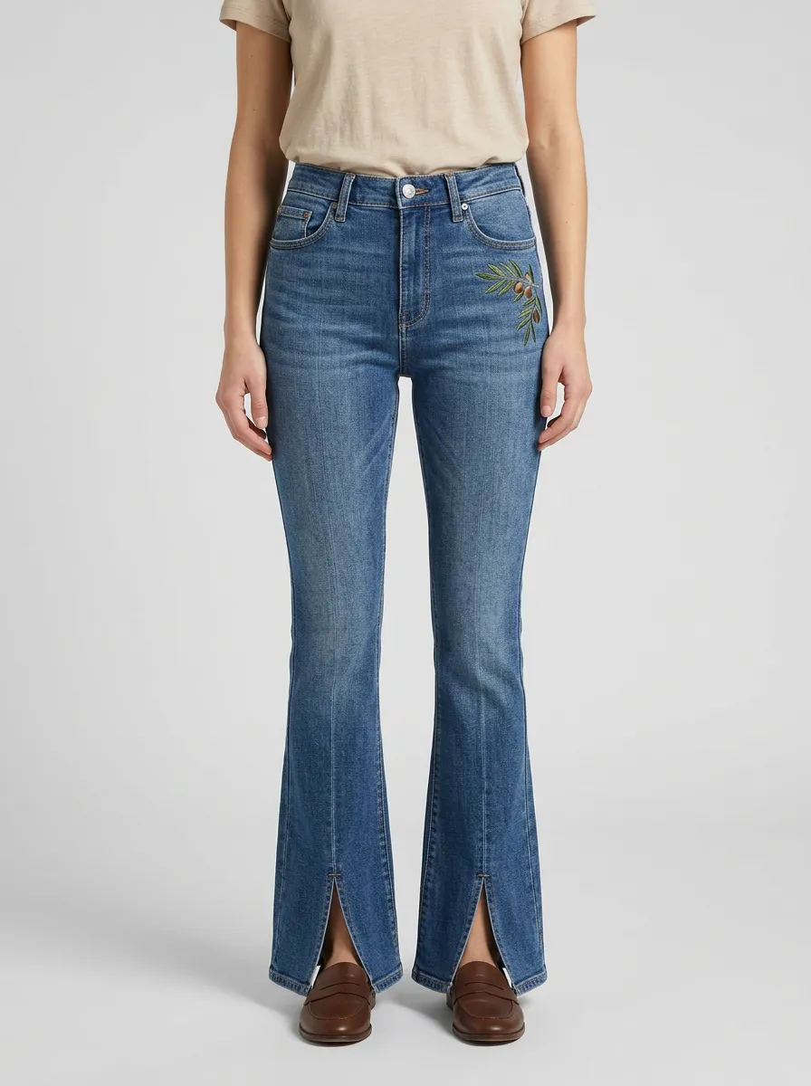 Women's Reinforced-Rivet Botanical Branch Embroidered Split-Hem Flare Jeans