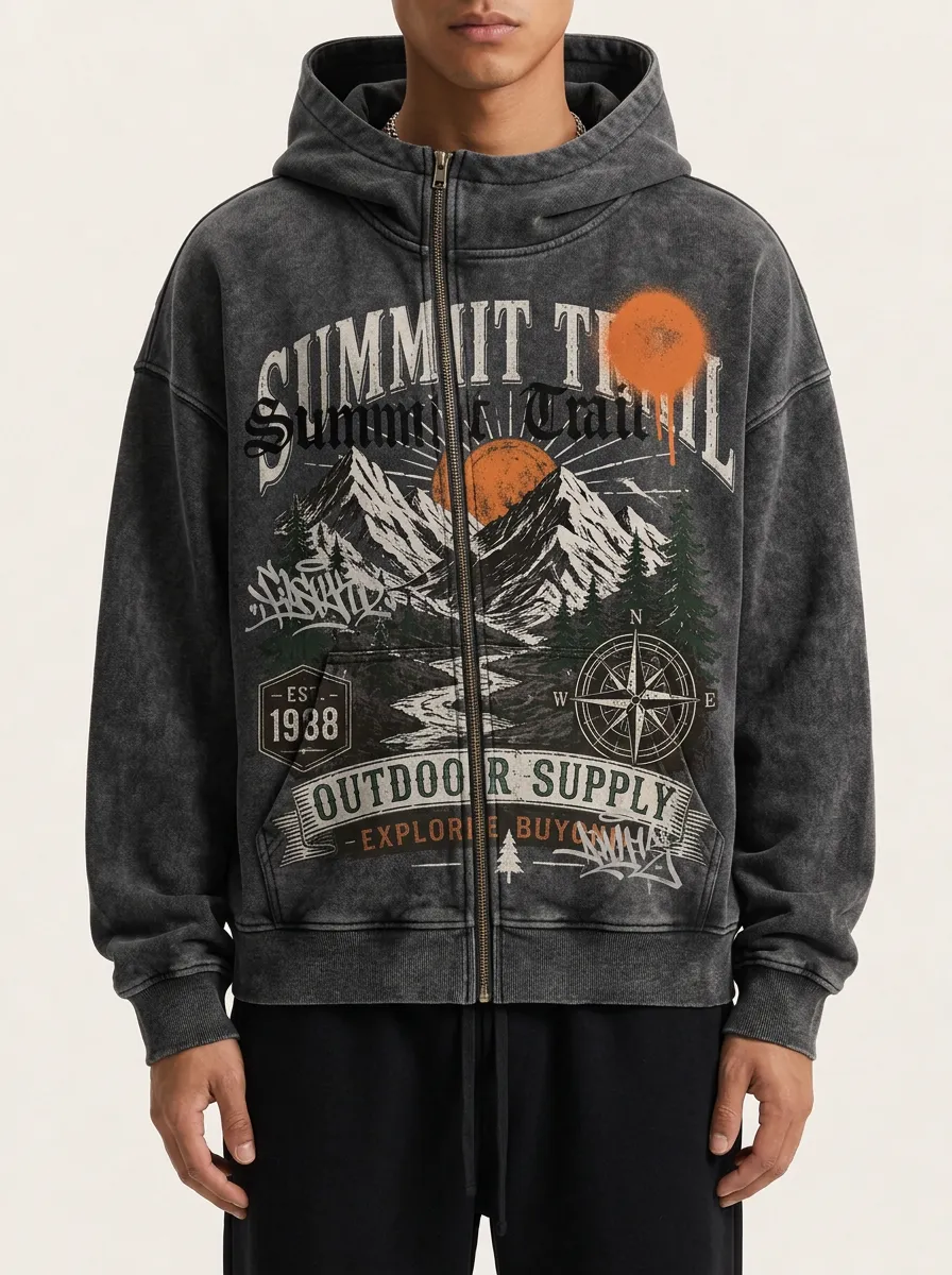 Men's Outdoor Hiking Summit Trail Mountain Printed Zip-up Hoodie