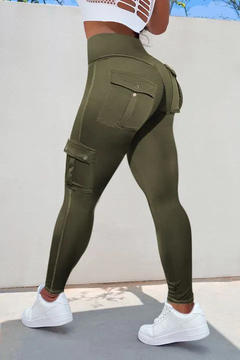 Solid Flap Pocket High Waist Leggings