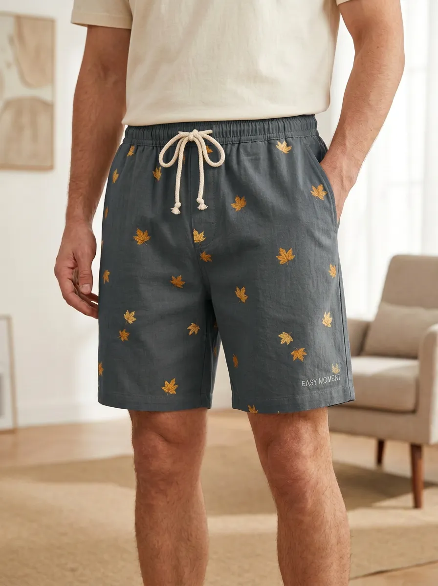 Leaf-embroidered Drawstring Braided Drawstring Shorts
