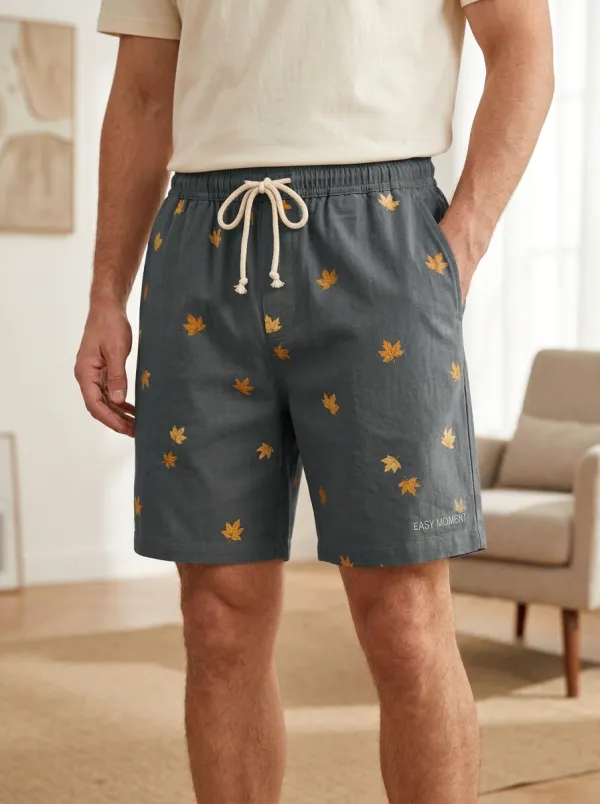 Leaf-embroidered Drawstring Braided Drawstring Shorts