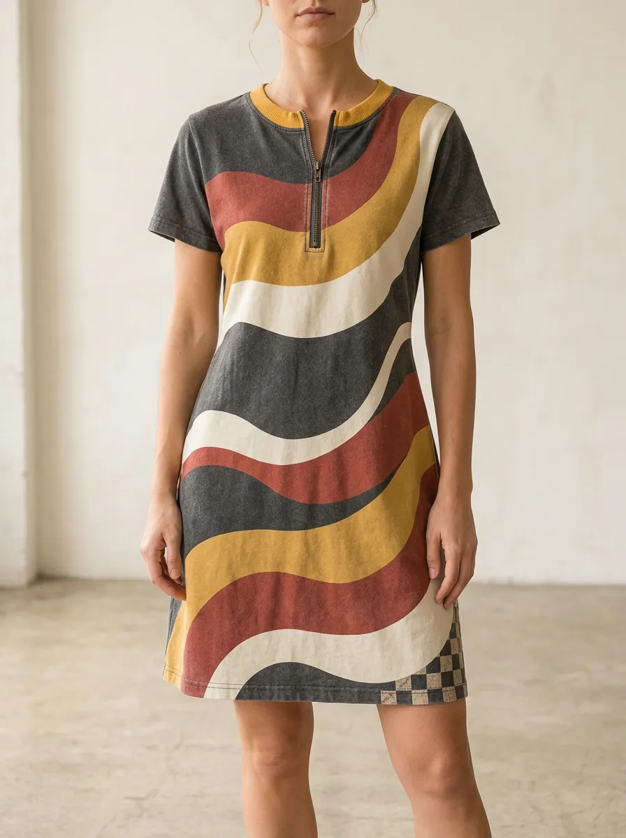 Women's Retro Wave Patterned Zipper Printed Dress
