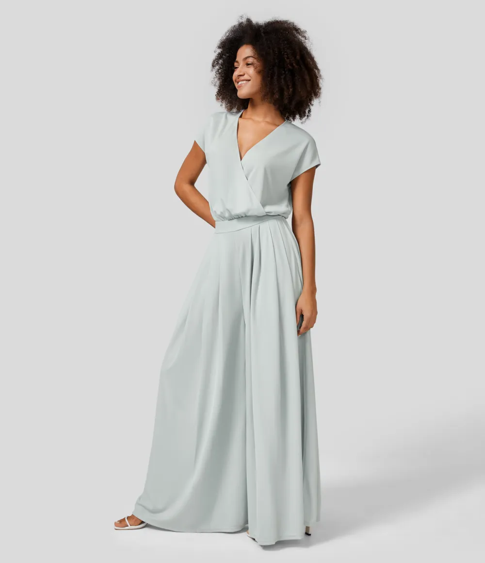 V Neck Short Sleeve Plicated Side Pocket Wide Leg Flowy Waffle Casual Jumpsuit