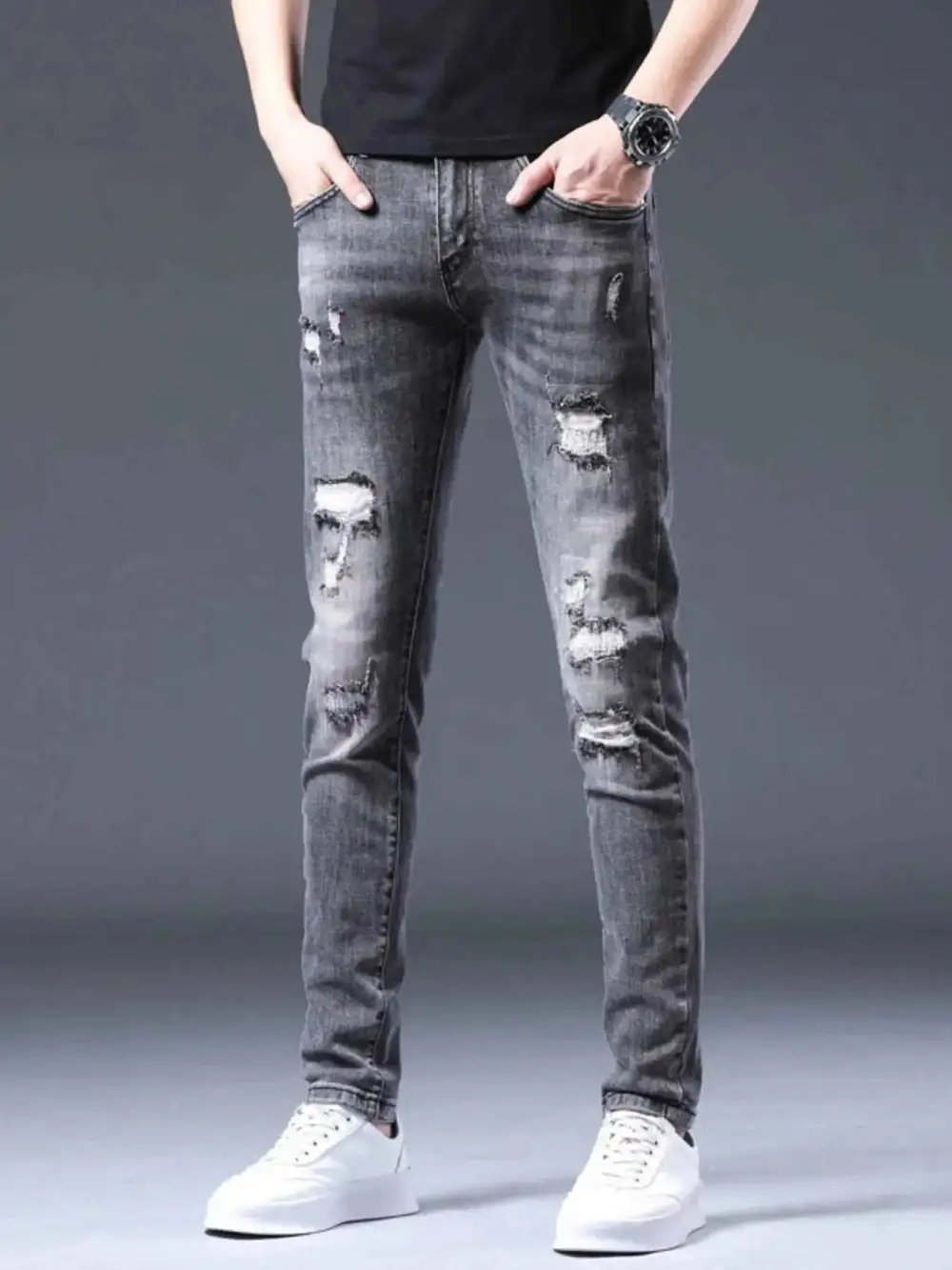 Distressed Slim Fit Ripped Jeans