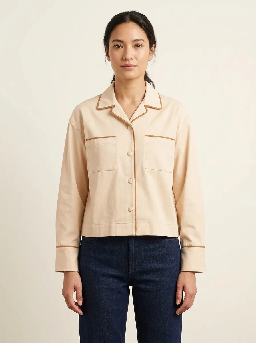 Women's Camp-Collar Contrast-Piped Dual-Pocket Boxy Shirt
