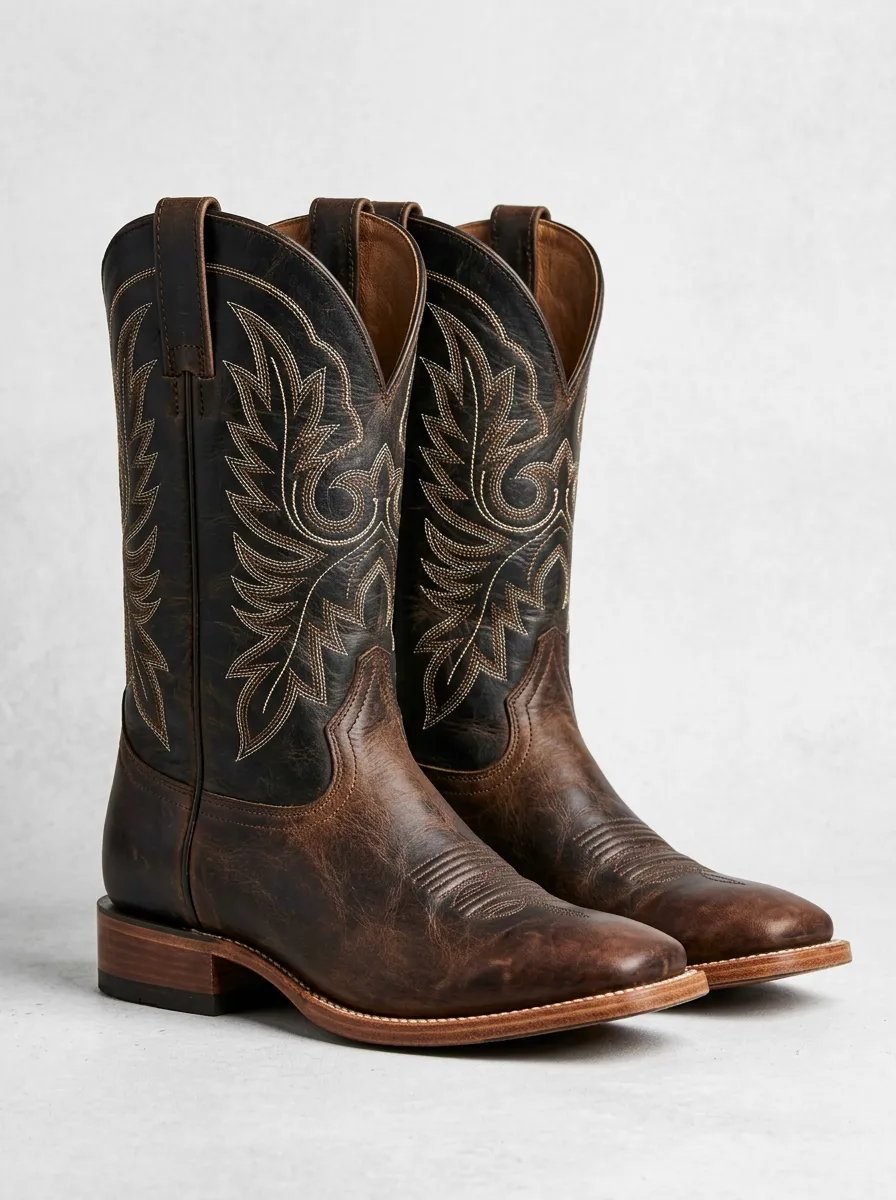 Unisex Vintage-Inspired Embroidered Distressed Leather-Look Statement Western Cowboy Boots