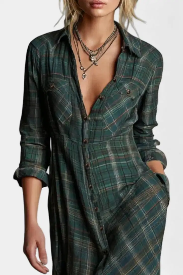 Shirt-Style Plaid Maxi Dress