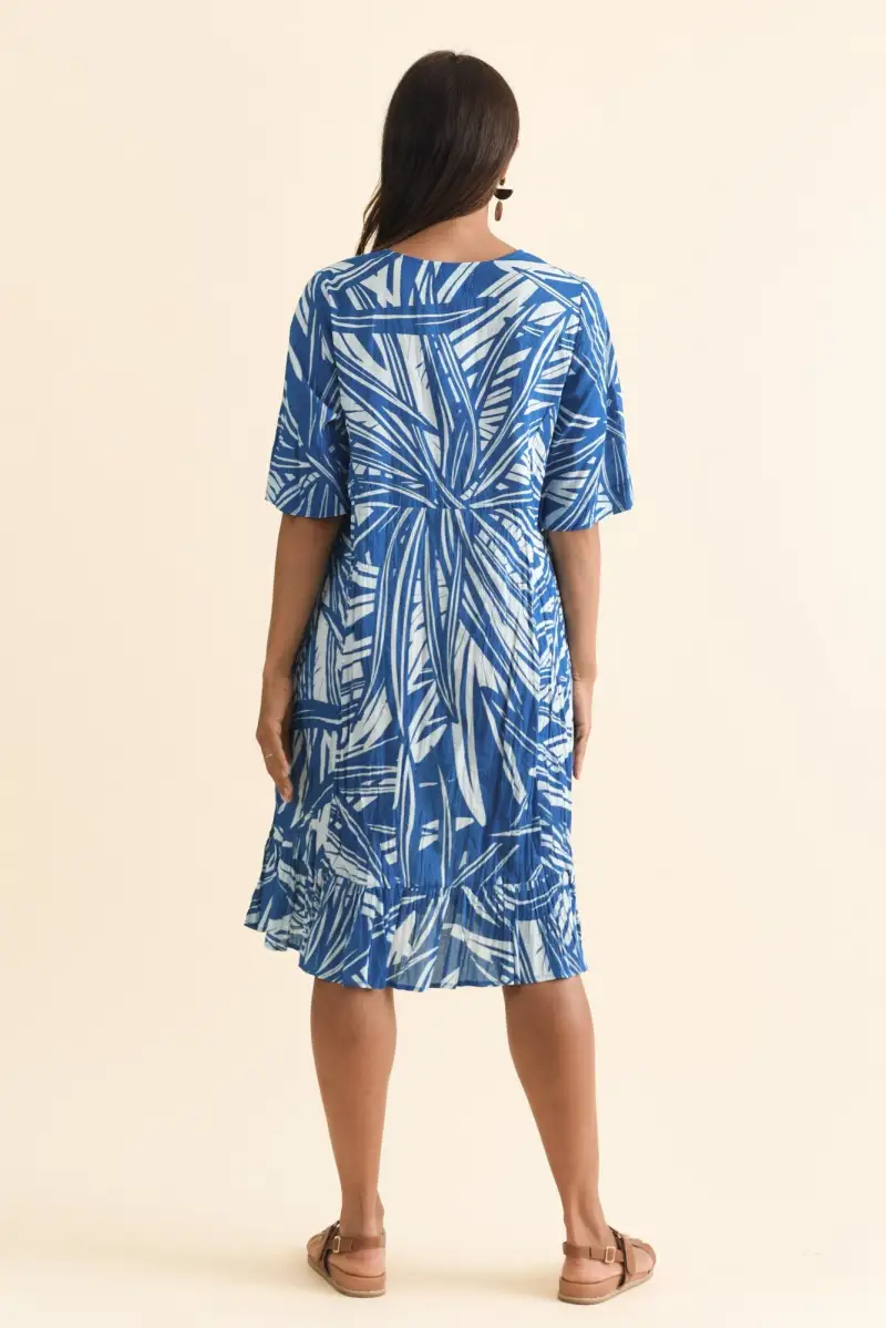 Below-Knee Abstract Cotton Gathered Pocket Ruffle V-Neck Dress