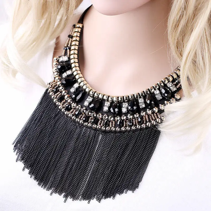 Crystal Bead Chain Fringe Necklace
