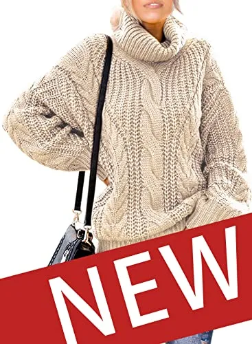 Womens Turtle Cowl Neck Solid Color Soft Comfy Cable Knit Pullover Sweaters S-2XL