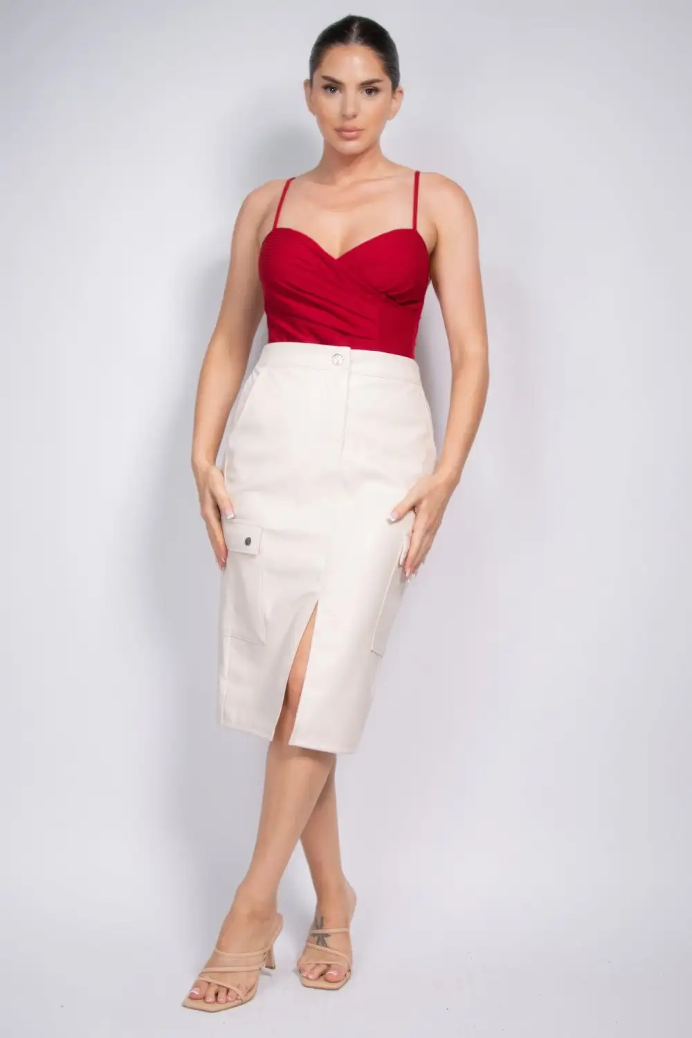 Button Front Faux Leather Skirt