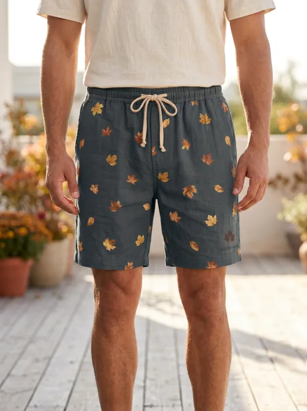Rust Maple Leaf Print Drawstring Drawstring Shorts