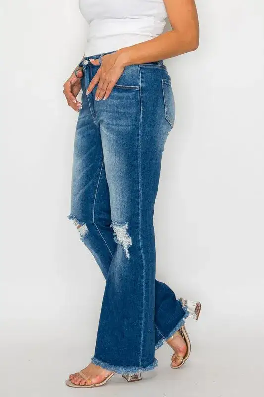 Full Size Raw Hem Distressed High Rise Bootcut Jeans