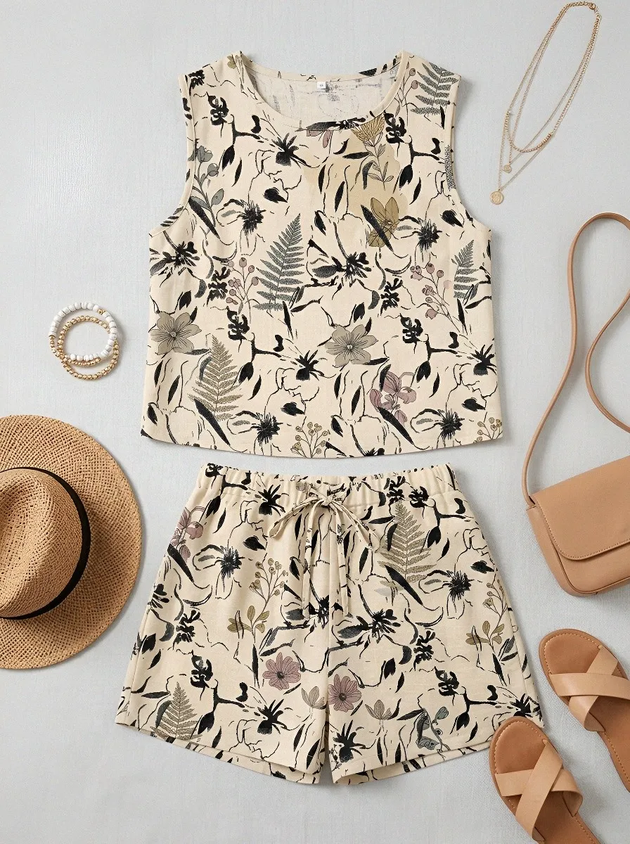 Women's Botanical Floral Fern Printed Sleeveless Short Set