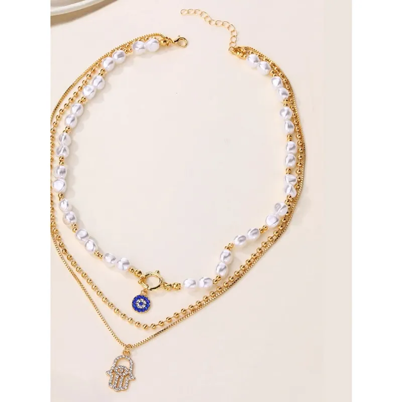 Pearl Chain Evil Eye Hamsa Pendant Necklace