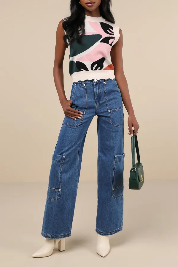 Daily Medium Wash Cotton Denim High-Rise Wide-Leg Cargo Jeans