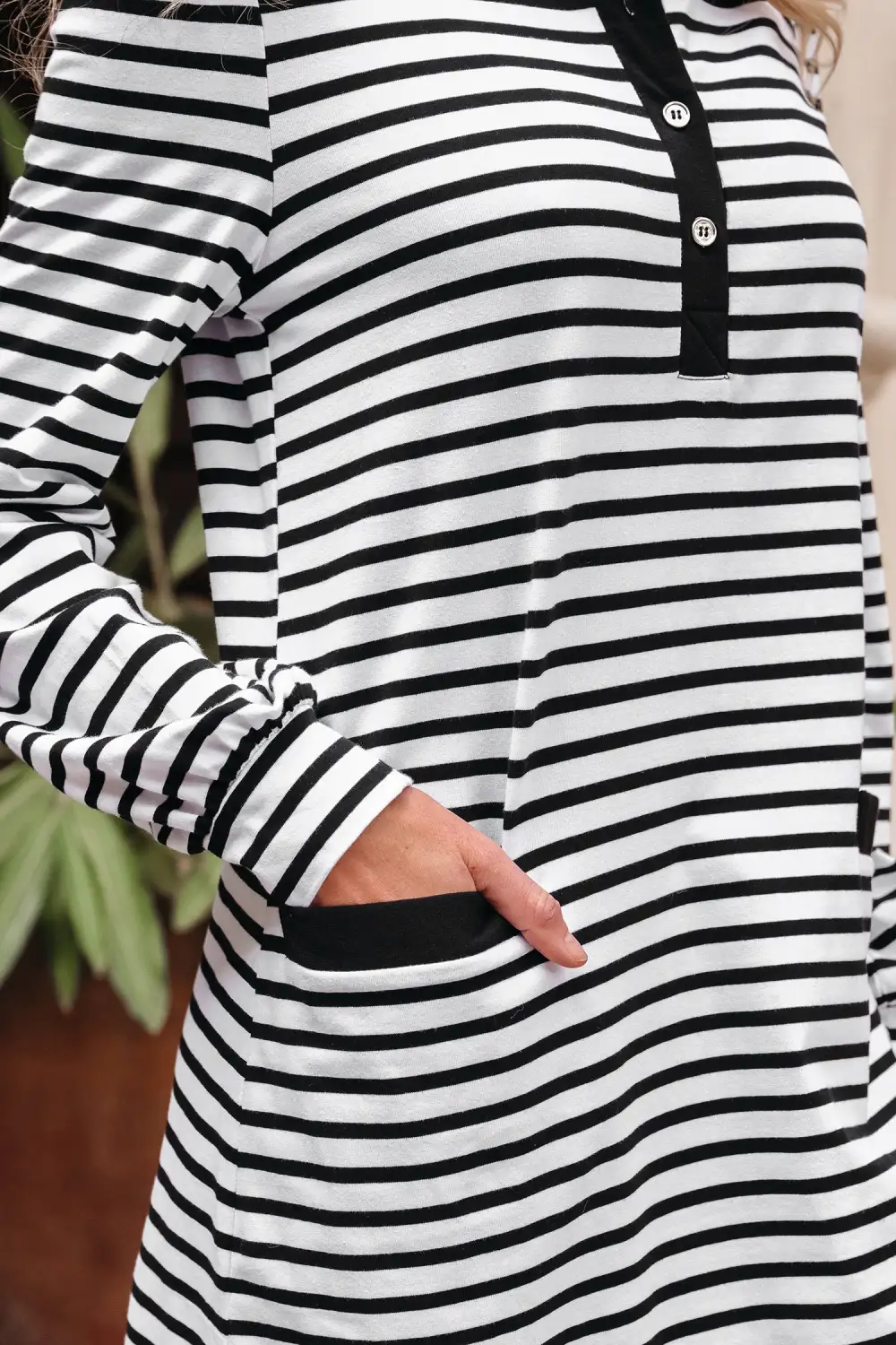 Finish Striped Button Front Pocketed Shirt Dress