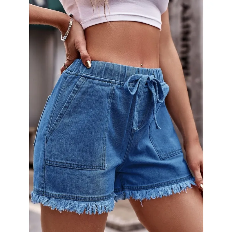 Drawstring Raw-Hem Denim Shorts