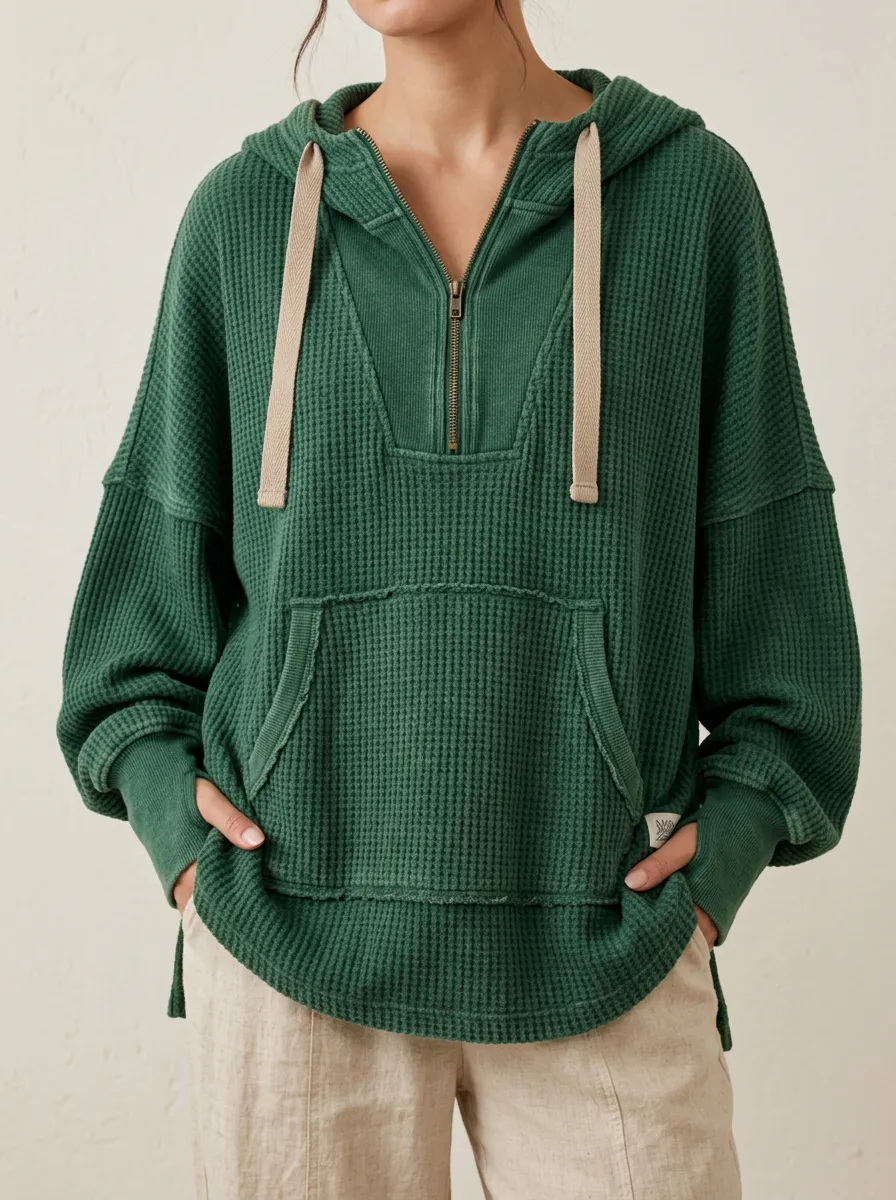 Clean Contemporary Waffle Knit Quarter Zip Hooded Top