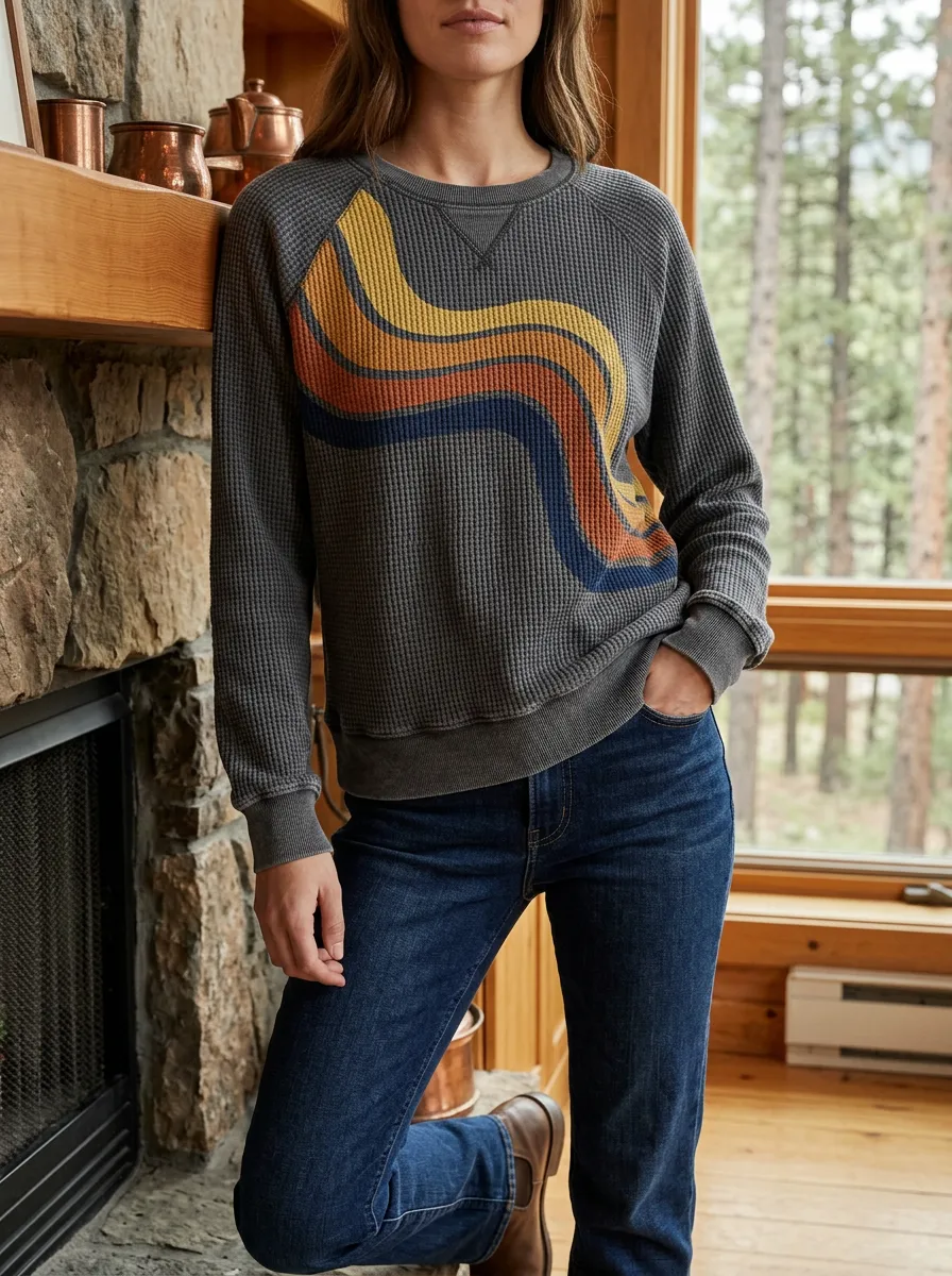 Women's Retro Wave Pattern Patterned Waffle Knit Crewneck Sweatshirt