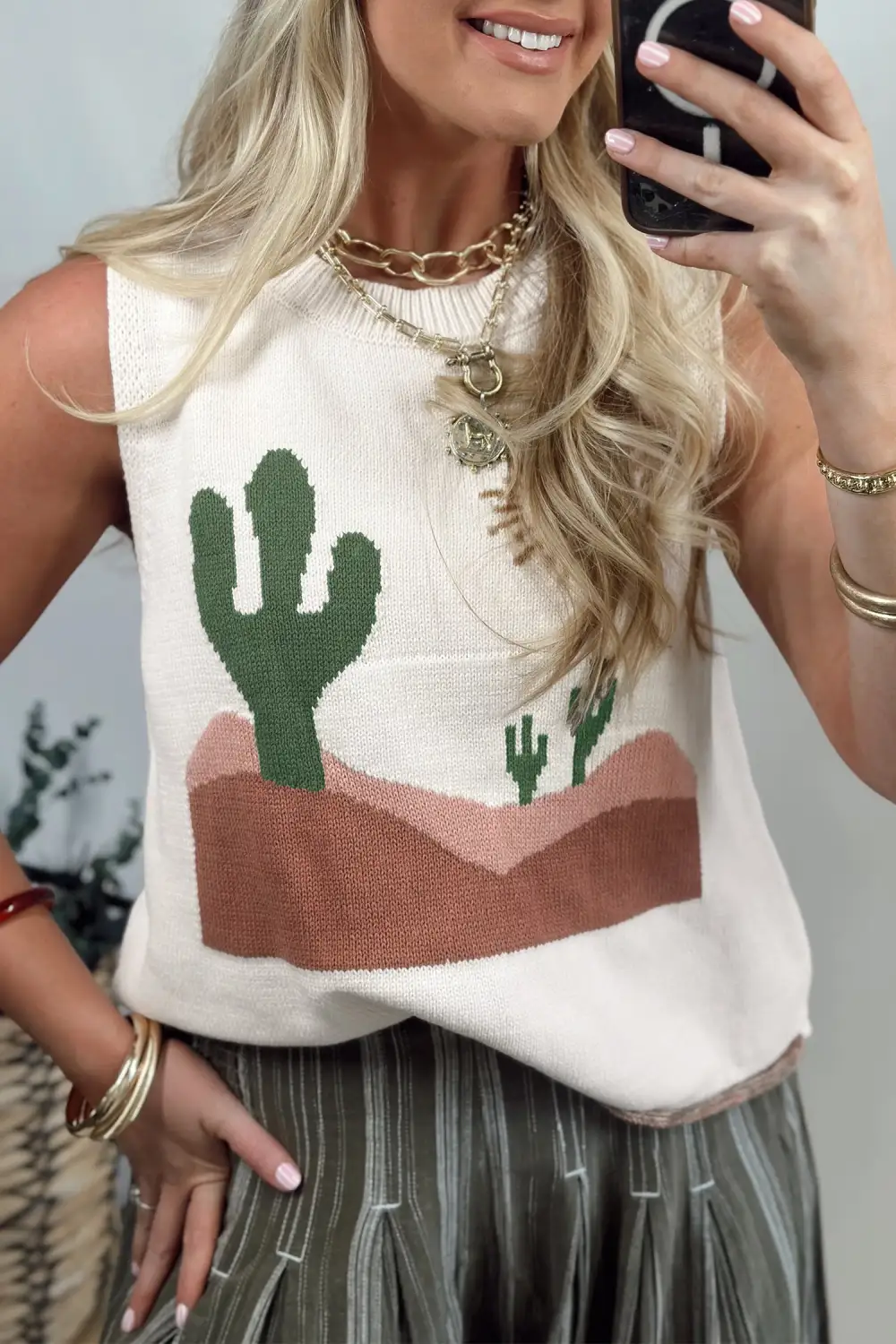 Cactus Pattern Loose Sweater Vest