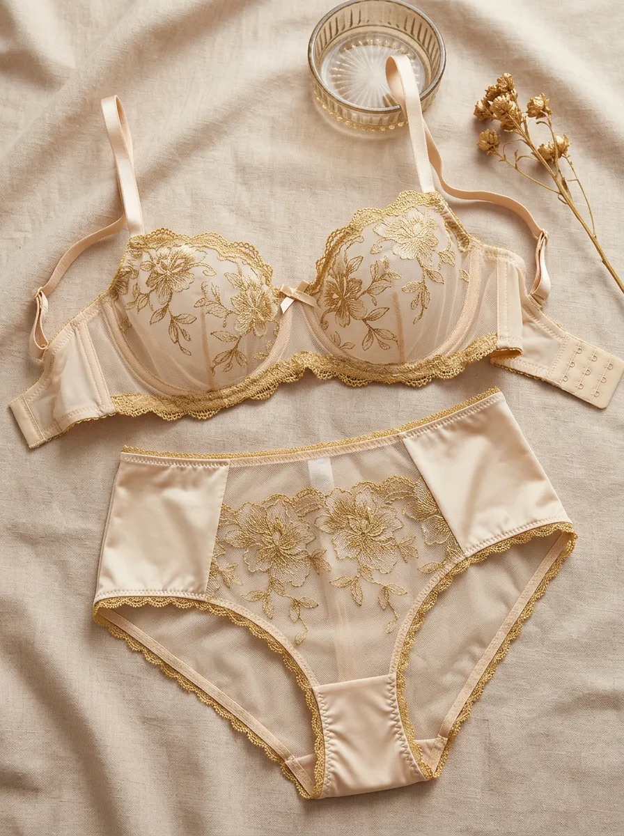 Women's Floral Embroidery Mesh Lace Embroidered Lingerie Set