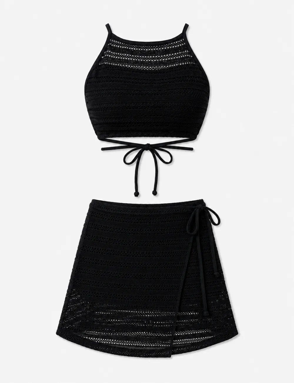 Hollow Knit Cross Back Halter Bikini Set
