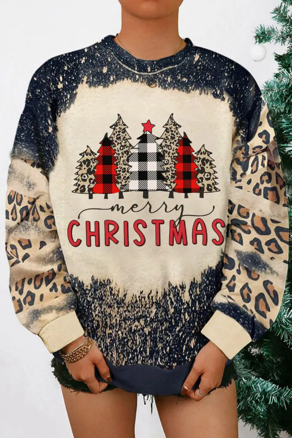 PRAY Letter Leopard Bleached Color Block Sweatshirt