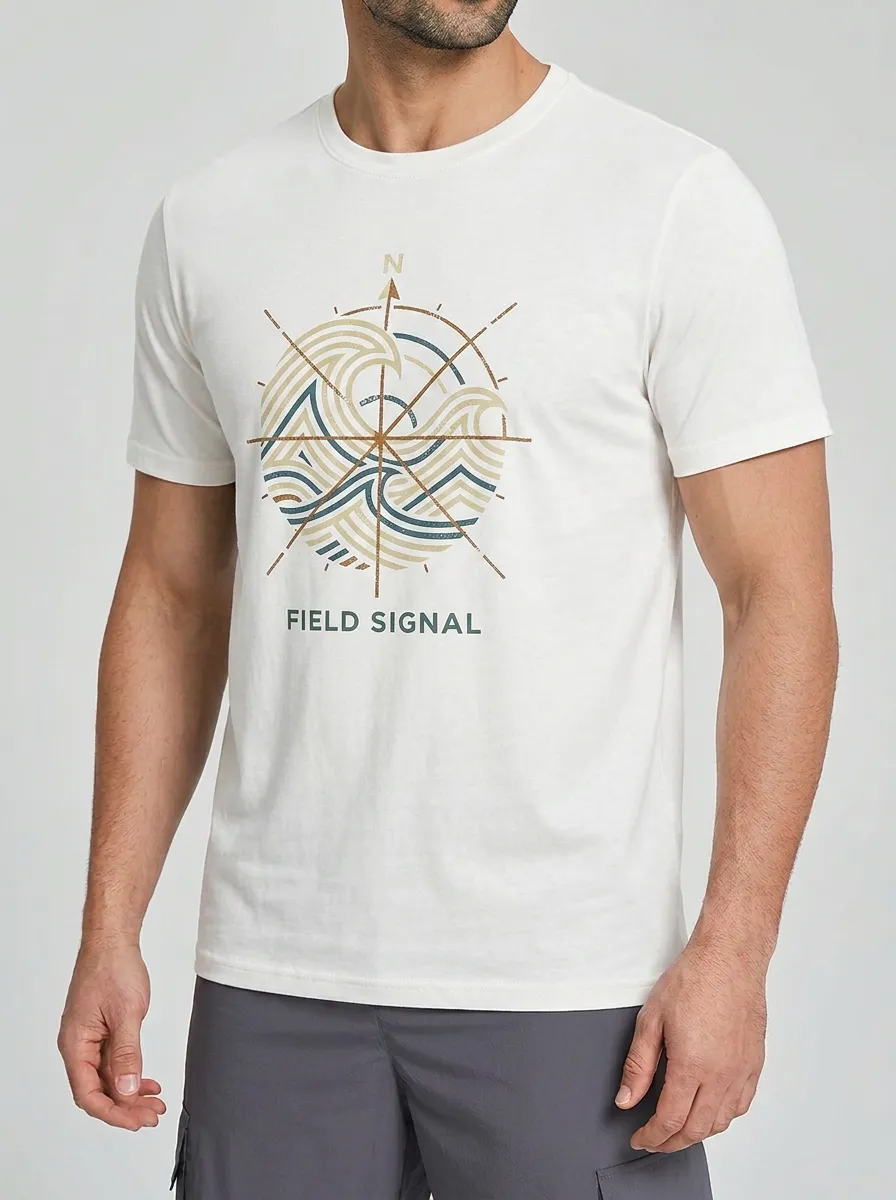 Men's Nautical Compass Wave Field Signal Printed T-shirt
