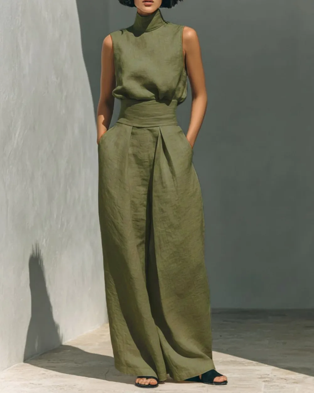 Sleeveless Top Wide Leg Pants Minimalist Two-Piece Outfit