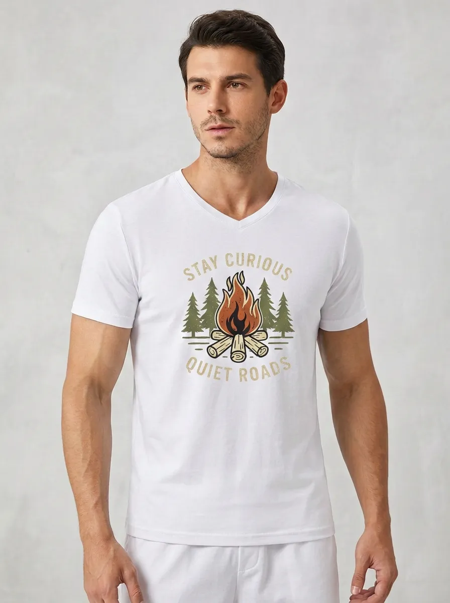 Men's Camping Lover Stay Curious Quiet Roads Printed V-neck T-shirt