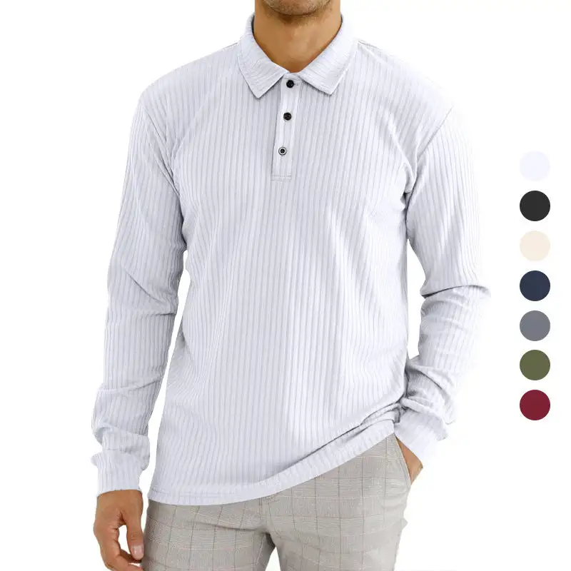 Ribbed Elastic Hem Long Sleeve Polo Shirt