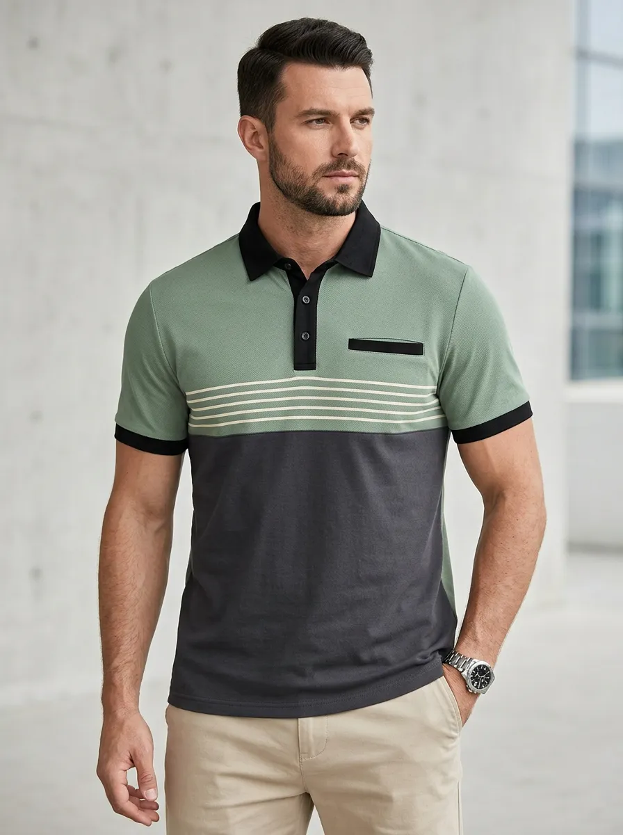 Men's Structured Colorblock Striped Polo Shirt