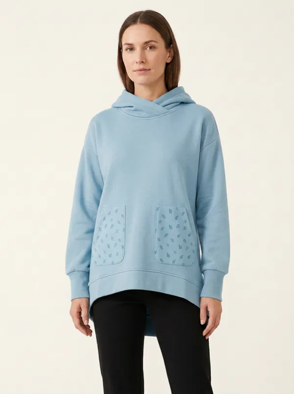 Women's Leaf-Pattern Patch-Pocket Crossover-Neck High-Low Hoodie
