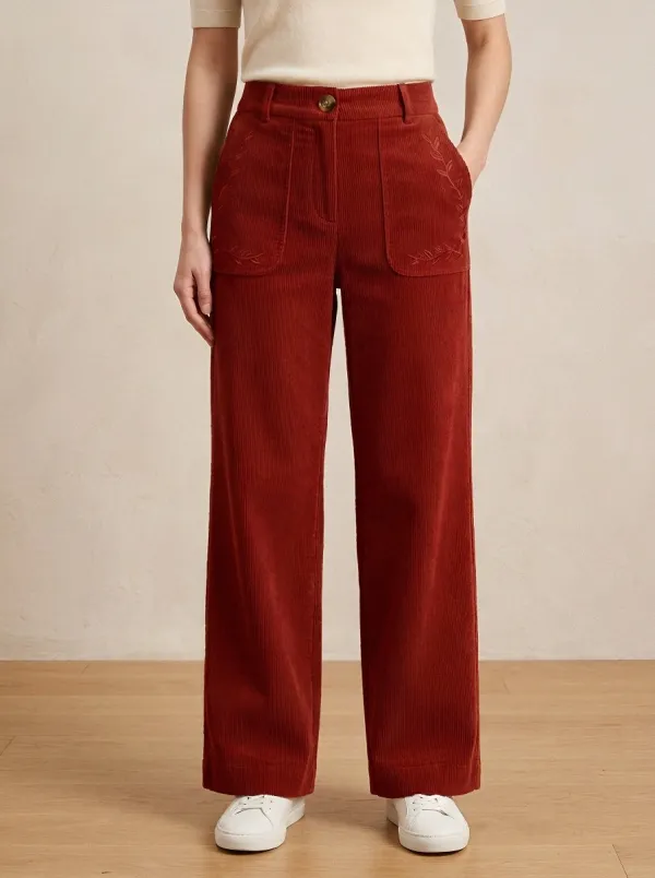 Women's Vintage Style Leaf Embroidered Brown Corduroy Pants