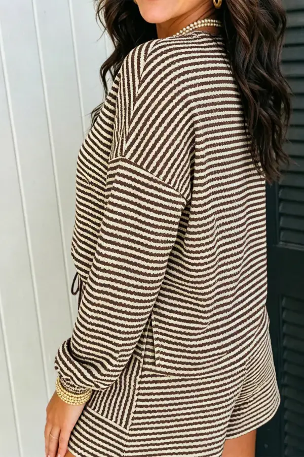 Women's Coordinated Textured Knit Long Sleeve Top Elastic Waist Shorts Casual Outfit