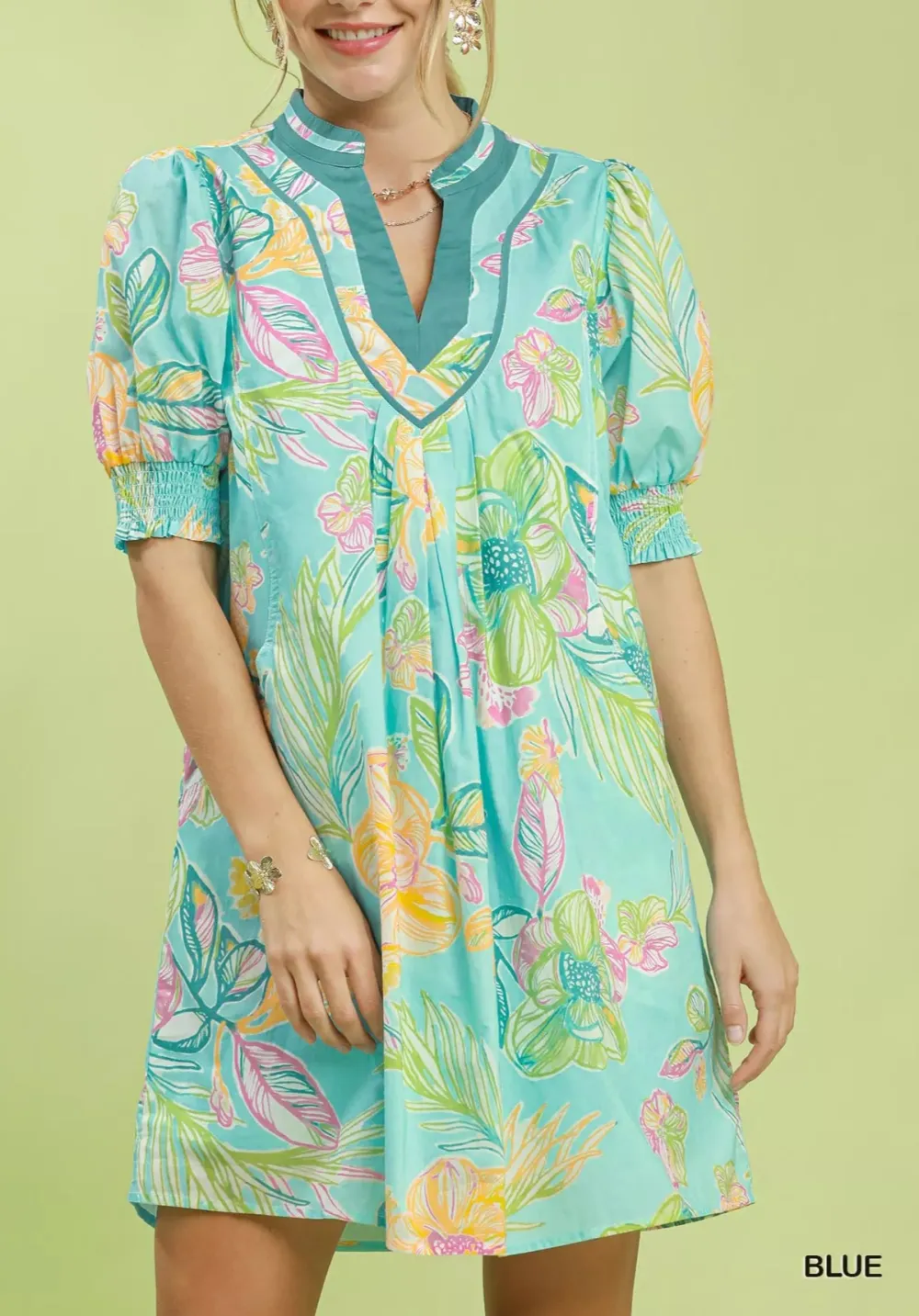 Botanical Print V-Neck Smocked Pocketed Dress