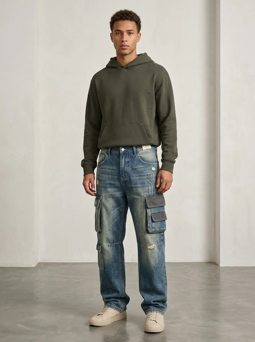 Men's Canyon Streetwear Distressed Denim Multi-Pocket Cargo Jeans