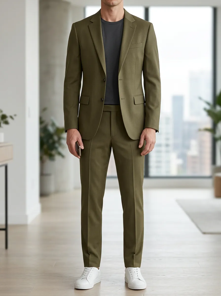 Men's Casual Olive Green Solid Color Slim Fit Suit Set