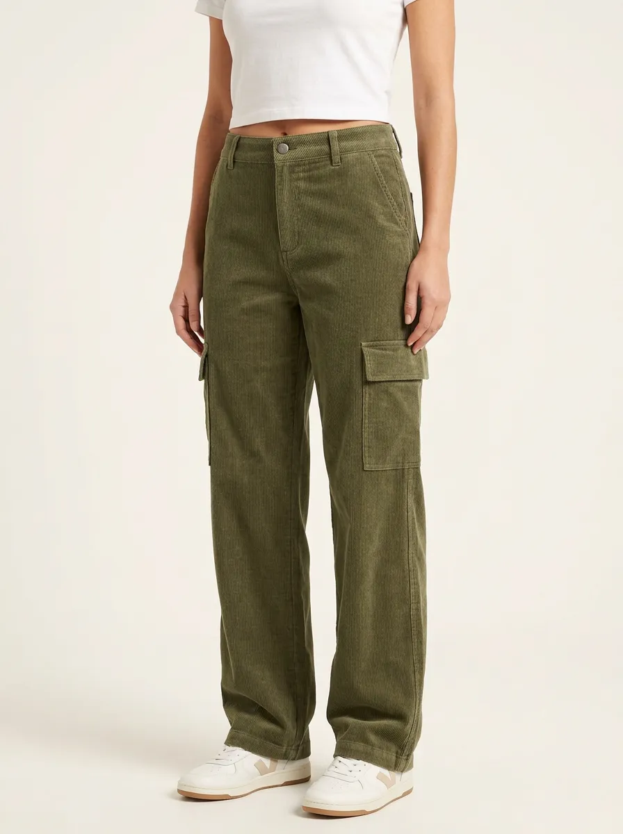 Women's Mid-Rise Flap-Pocket Cargo Straight-Leg Corduroy Pants