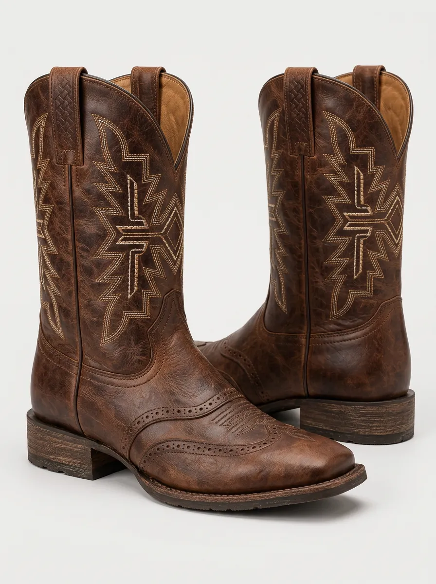 Men's Decorative Stitching Red Cowboy Boots
