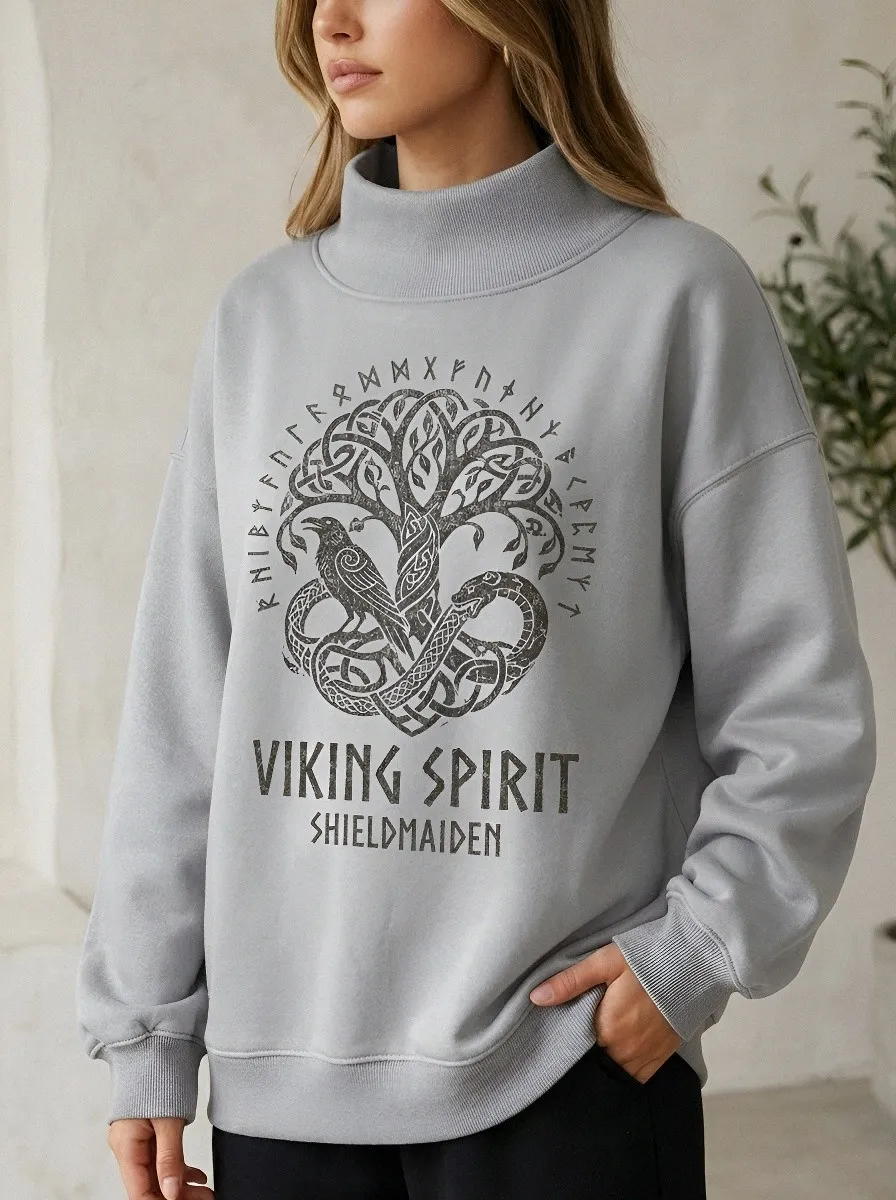 Women's Viking Spirit Shieldmaiden Yggdrasil Raven Printed Sweatshirt