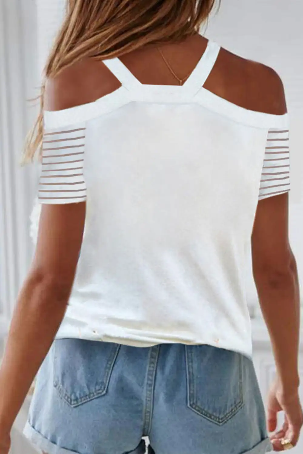 Striped Raglan Sleeve Cold Shoulder V Neck Blouse