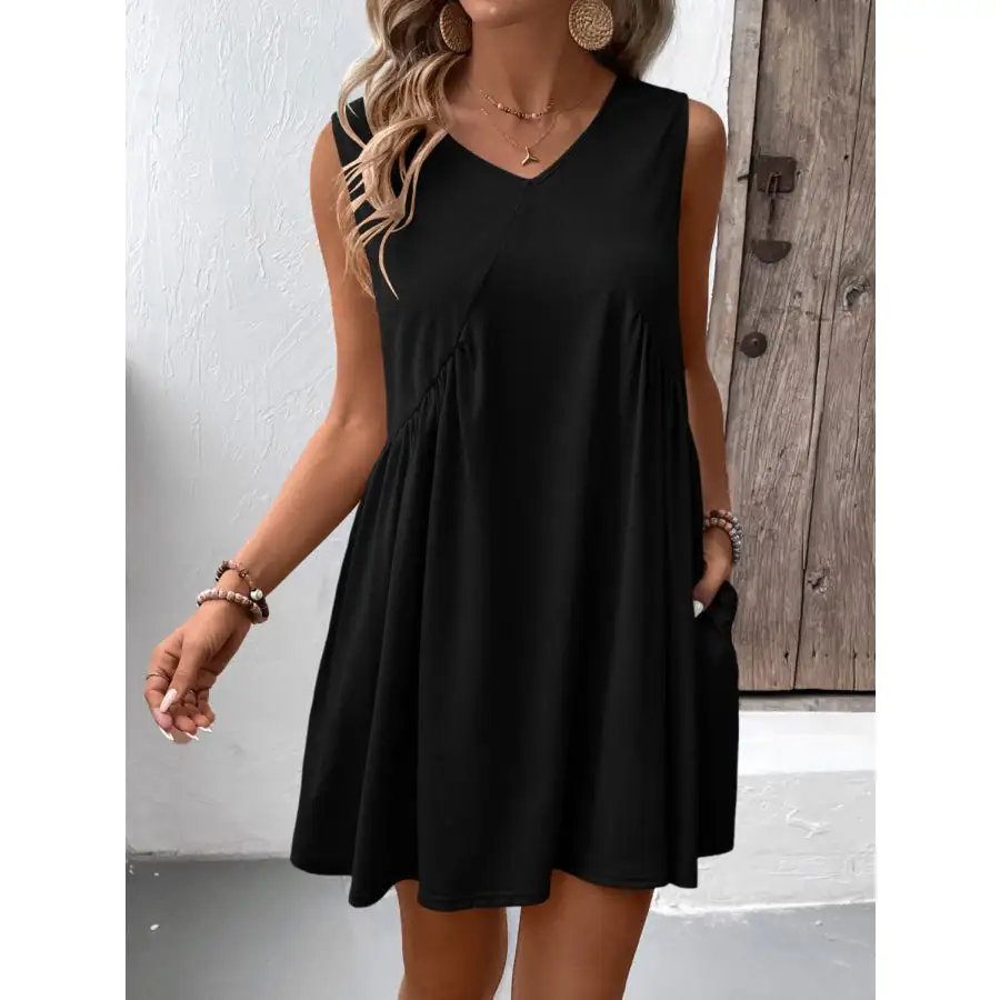 Ruched V-Neck Sleeveless Mini Dress