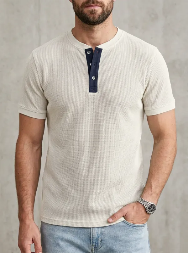 Refined Waffle-Knit Button-Placket Men's Short-Sleeve Henley Shirt