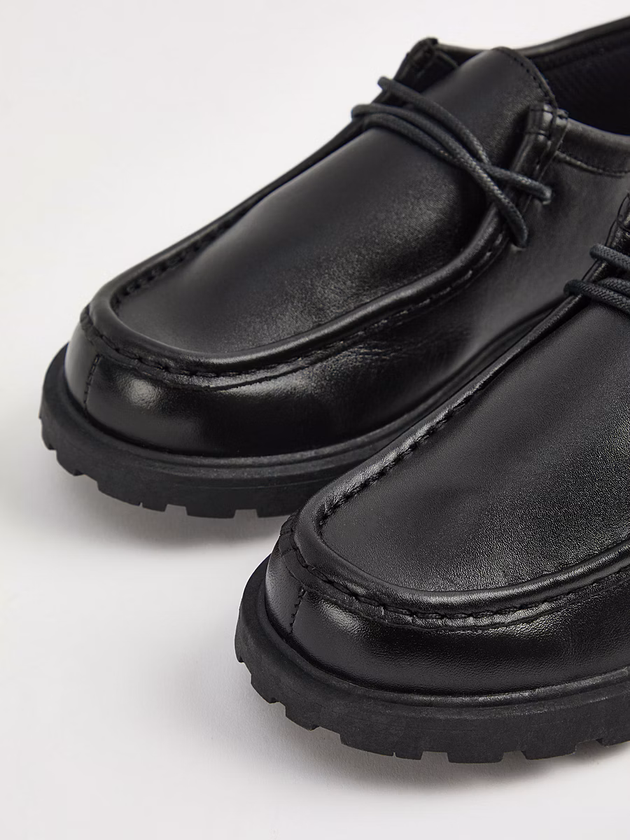 Black Leather Lace Up Moccasin School Shoes detail 1